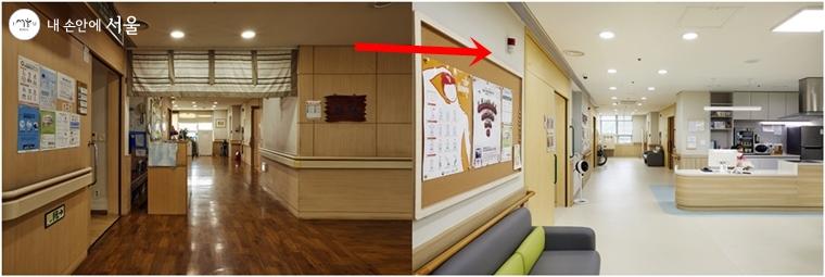 병원 느낌의 기존 공간에서 집처럼 편안하게 변화된 간호스테이션과 복도 모습 