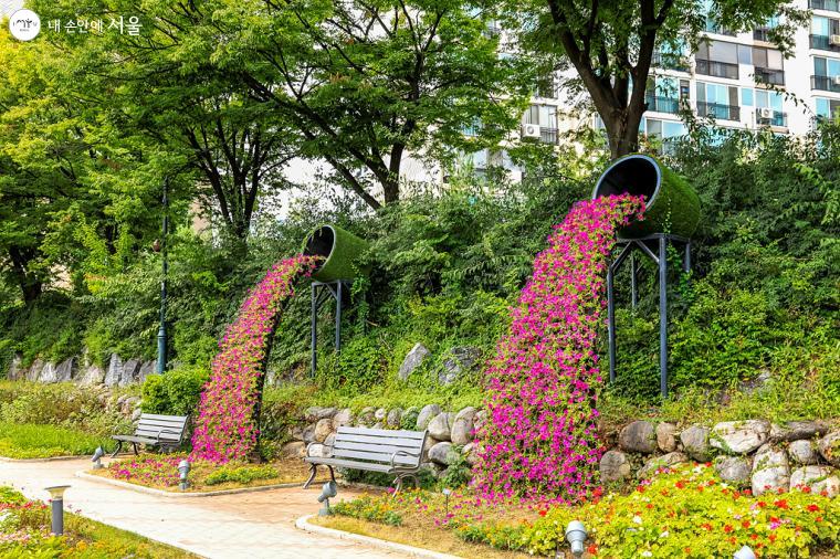 물 대신 피튜니아 꽃이 쏟아지는 꽃 폭포. 3.5m 높이의 꽃 폭포는 당현천을 대표하는 상징적인 장소다.