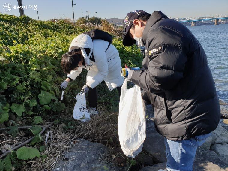 자원봉사자들이 한강공원 곳곳에 버려진 쓰레기를 줍고 있다. ⓒ윤혜숙