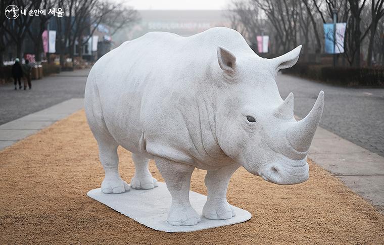 하종우 작가의 <Last Hope>는 전 세계에 단 두 마리 남은 북부흰코뿔소 중 ‘파투’를 실제 크기로 제작한 작품이다 ⓒ김아름