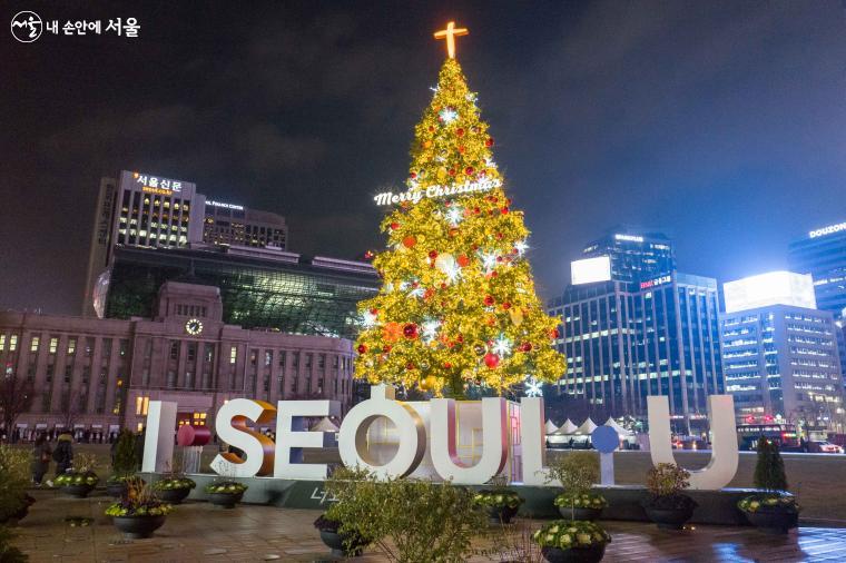 시청 앞 서울광장에 우뚝 솟은 초대형 크리스마스트리 ⓒ양송이