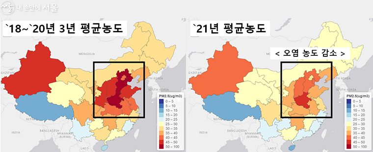 최근 3년 중국 동북부 PM-2.5 농도(좌), 2021년 중국 동북부 PM-2.5 농도(우) 