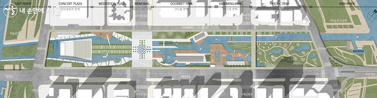 한강과 샛강의 녹지축에서 물이라는 자연요소를 공원에 끌어들여 공원레벨 다층화하여 주변공간과 일체화  (‘Yeouido Dipping Park’, 이성연)