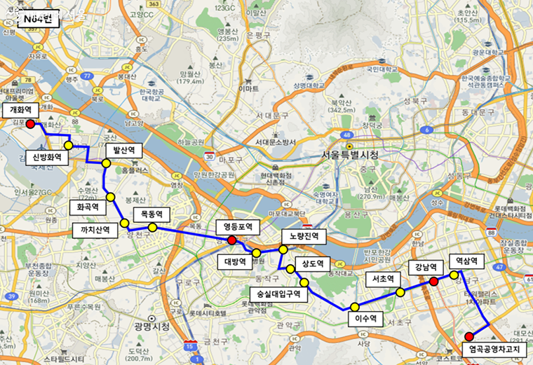 N64번 운행구간(70.0km) : 개화역~목동역~영등포역~노량진역~숭실대입구역~강남역~역삼역