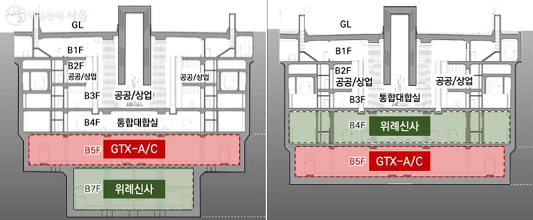 삼성역 환승역 층별 노선 배치도 초안(왼쪽)과 변경안(오른쪽) ©서울시