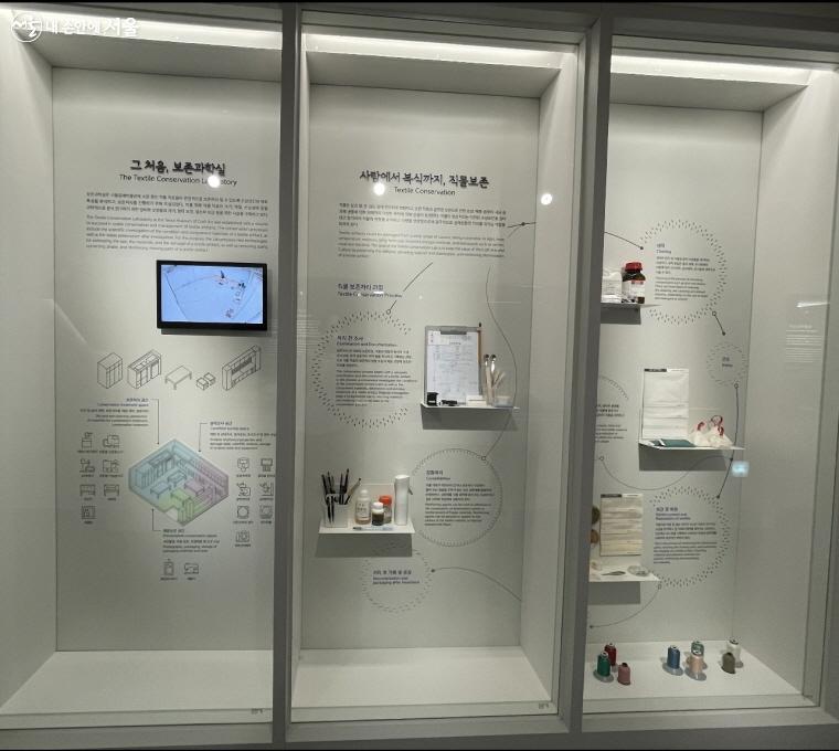 테마전시 중 <그 처음, 보존과학실>과 <사람에서 복식까지, 직물 보존>의 모습 