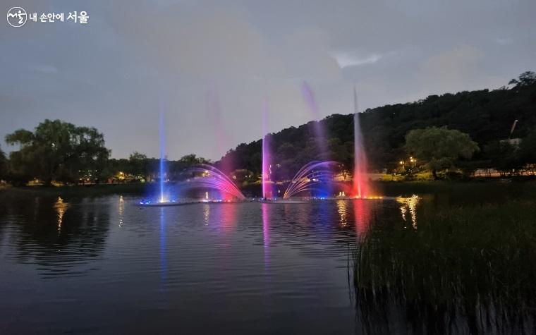 한여름밤 형형색색의 조명과 함께 시원한 물줄기를 내뿜는 보라매공원 음악분수 호수 모습