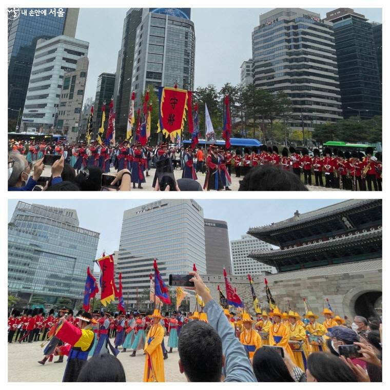 영국에서 온 50명의 군악대원들이 서울 왕궁수문장의 교대의식과 취타대 연주를 관람했다. ⓒ이정민