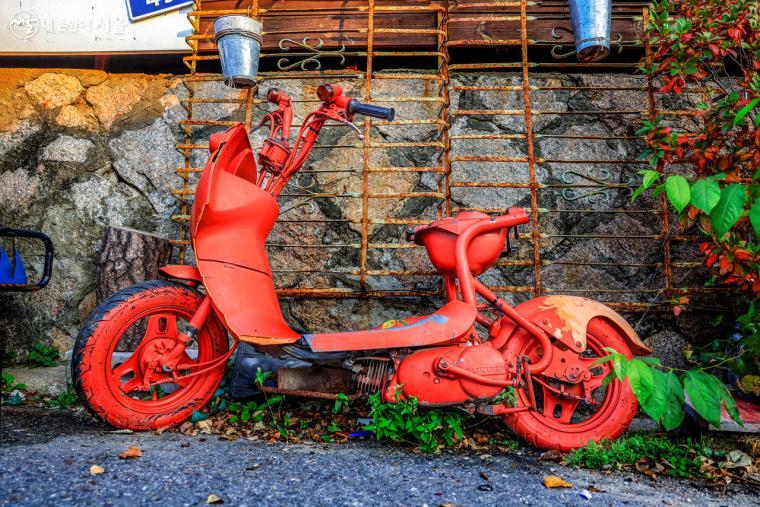 한쪽에 세워진 붉은 색의 자전거. 배경 담장과 잘 어우러져 멋진 작품처럼 보인다. 