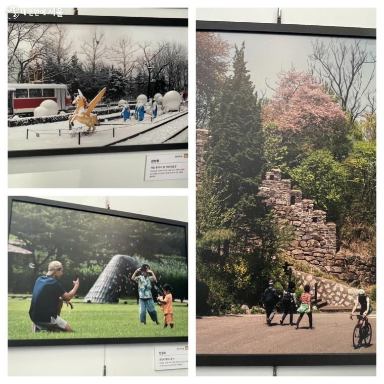 중부공원여가센터의 사진 작품. 왼쪽 위에서부터 시계 방향으로 <겨울 왕국이 된 경춘선숲길>(강희정)과 <남산공원 봄을 반긴다>(정은수), <휴일의 행복나들이>(안성숙) ⓒ이정민