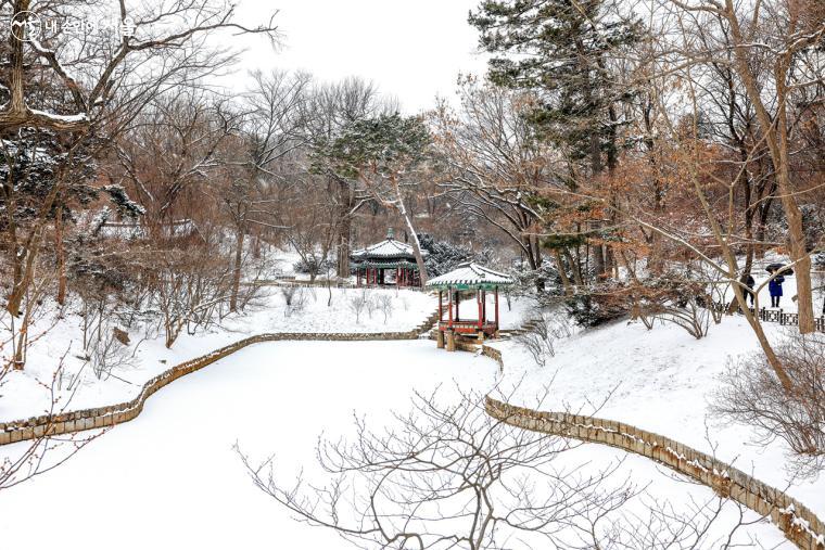 후원의 '관람지' 연못은 한반도 모양을 닮아 반도지(半島池)라고도 불린다. 