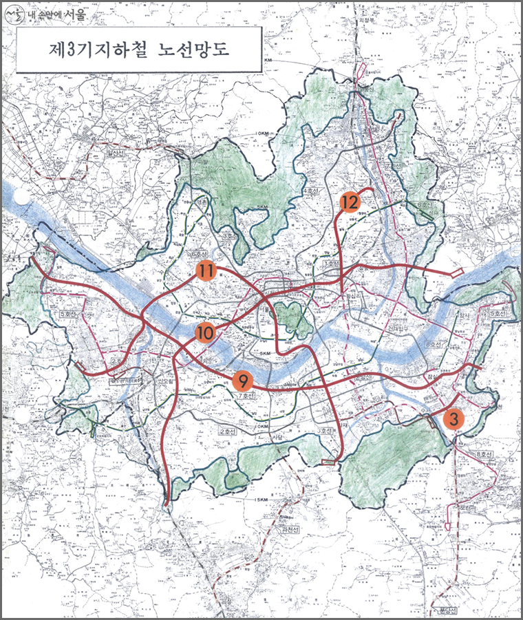 폐기된 서울시 3기 지하철 계획 노선도, 일부 구간이 경전철로 재추진된다. ©서울시