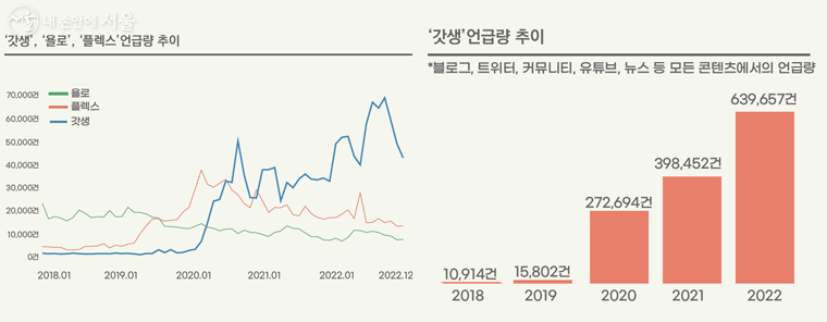 2020년 ‘갓생’이 등장하며 ‘욜로’와 ‘플렉스’ 언급량이 줄어들기 시작했다. ⓒ서울연구원