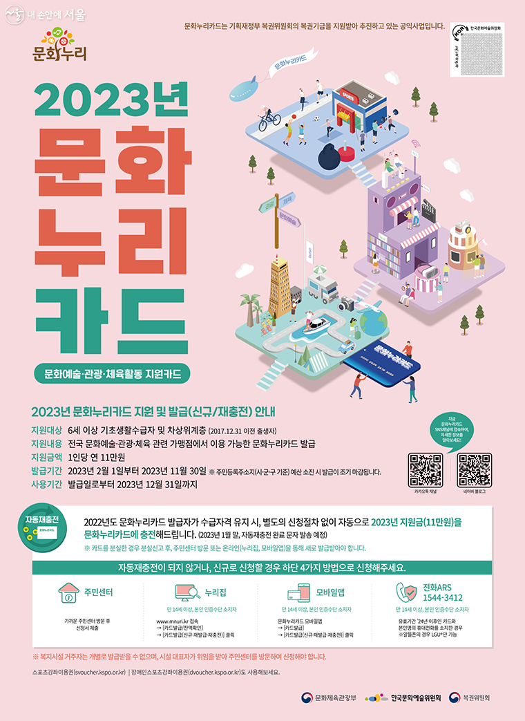 서울문화재단은 2023년 2월 1일부터 11월 30일까지 문화누리카드를 발급한다