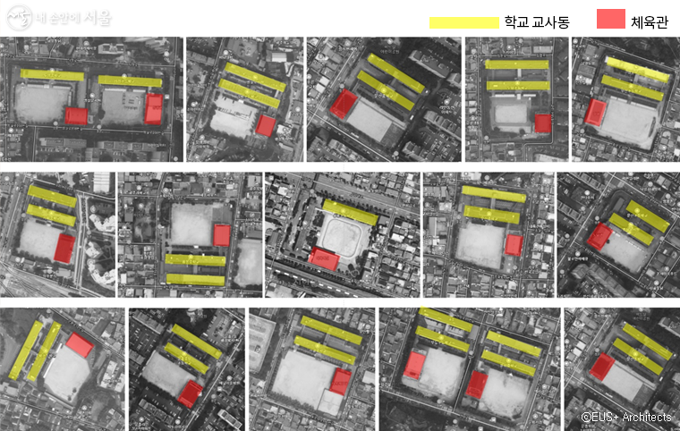 어느 도시의 반경 1킬로미터 안의 학교들을 찾아봤다. 교사동과 체육관을 색으로 표현해 보니 명확하게 구별되어 보인다. 자 무엇이 같고 무엇이 다른가.