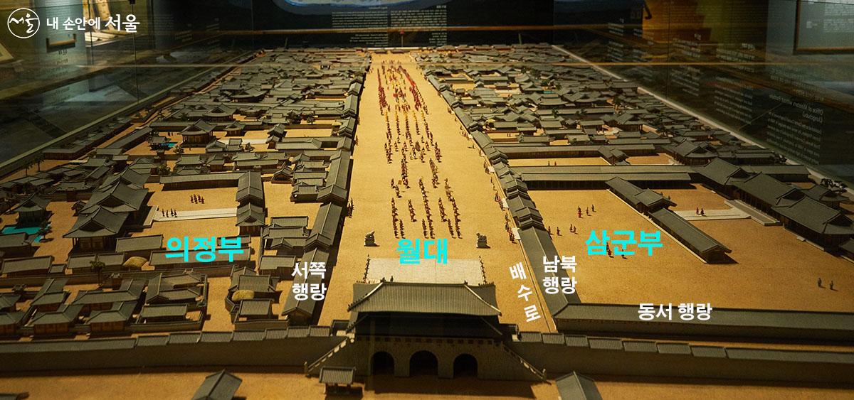 서울역사박물관에는 육조대로의 모형이 전시되어 있는데(2022년 촬영), 이번 발굴조사에서 드러난 주요 유구의 현황을 사진에 표시해 보았다. ⓒ이정규
