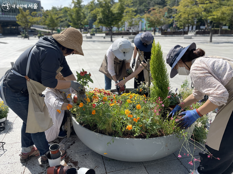 시민정원사 교육생들이 미니 정원 꾸미기 실습을 하고 있는 모습