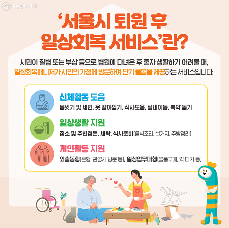 일상회복매니저가 신체활동, 일상생활, 개인활동 등 필요한 서비스를 제공한다.