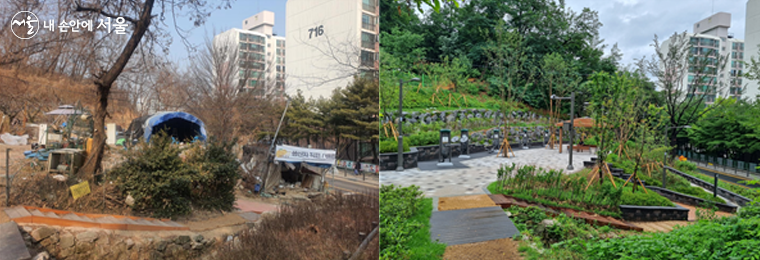 봉화산근린공원 훼손지(좌), 2022년 6월 운동 및 휴식공간으로 조성(우)