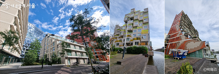 암스테르담 자우다스 지역에 있는 발코니와 테라스가 강조된 아파트들. 왼쪽부터 더 구스타프(The Gustav), 썸머타임(Summertime), 더 조지(The George). 
