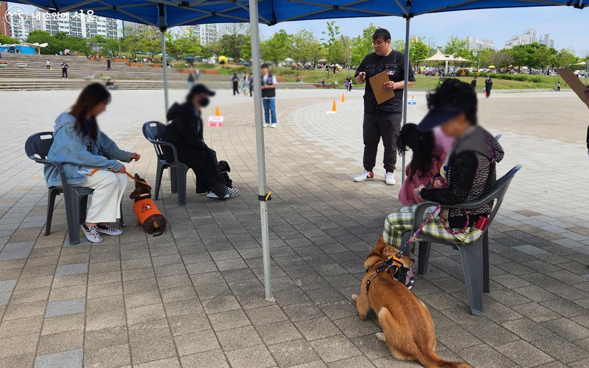 훈련사는 보호자의 왼쪽에 강아지를 앉히고 기다리게 할 수 있는지를 테스트했다. ⓒ김미선
