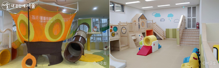 양천구 공공형 실내 놀이터 5색깔깔KIDS(좌), 영유를 위한 실내 놀이터 서리풀 노리학교(우)