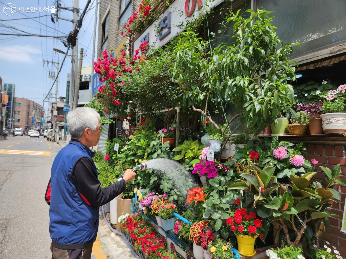 이홍구 님이 '정진이발관' 앞 화원에서 화초의 상태를 살피며 물을 주고 있다. ⓒ조시승