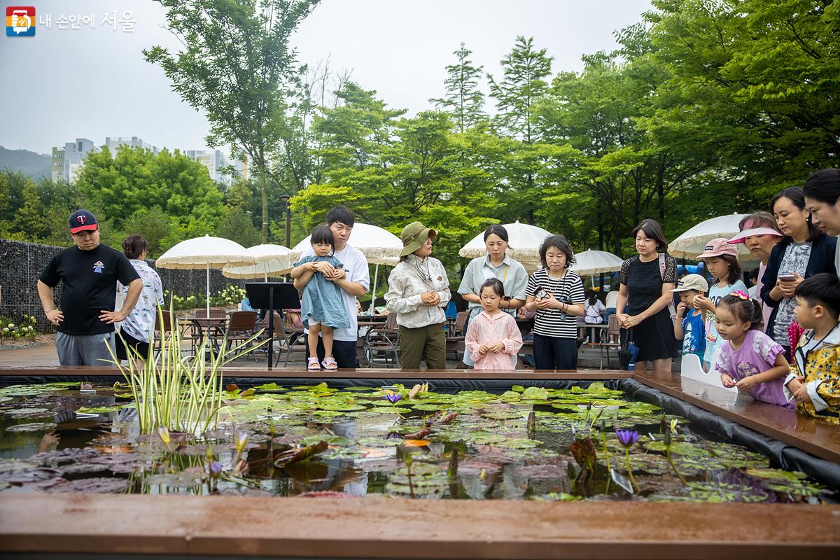 '물 위 연꽃만개' 프로그램 참가자들이 생태전문가의 인솔을 통해 '연꽃'에 대한 재미난 이야기를 듣고 있다. ⓒ임중빈