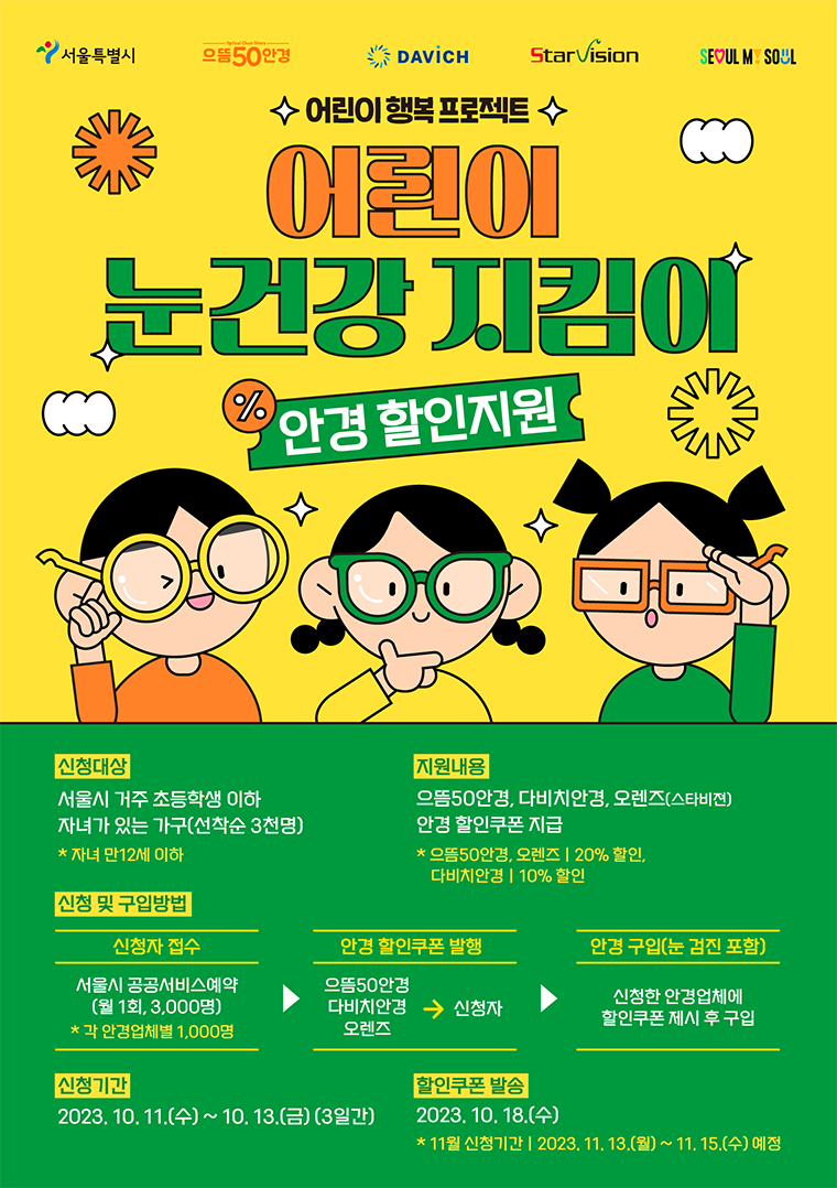 서울시가 어린이들의 눈 검진과 안경구입 할인을 지원하는 '어린이 눈건강 지킴이 사업'을 시작한다.