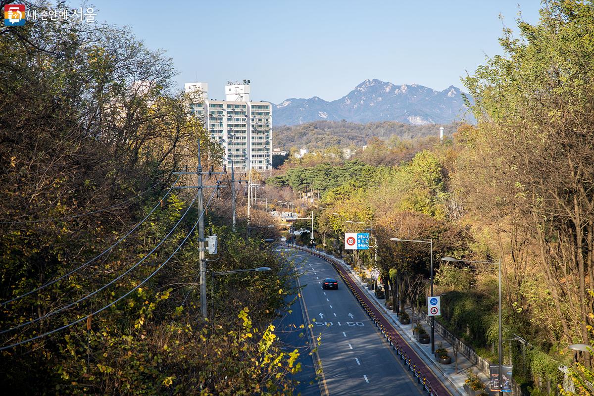 오현로 주변으로 보이는 '북서울꿈의숲'과 강북구의 가을 풍경이 멋스럽다. ⓒ임중빈