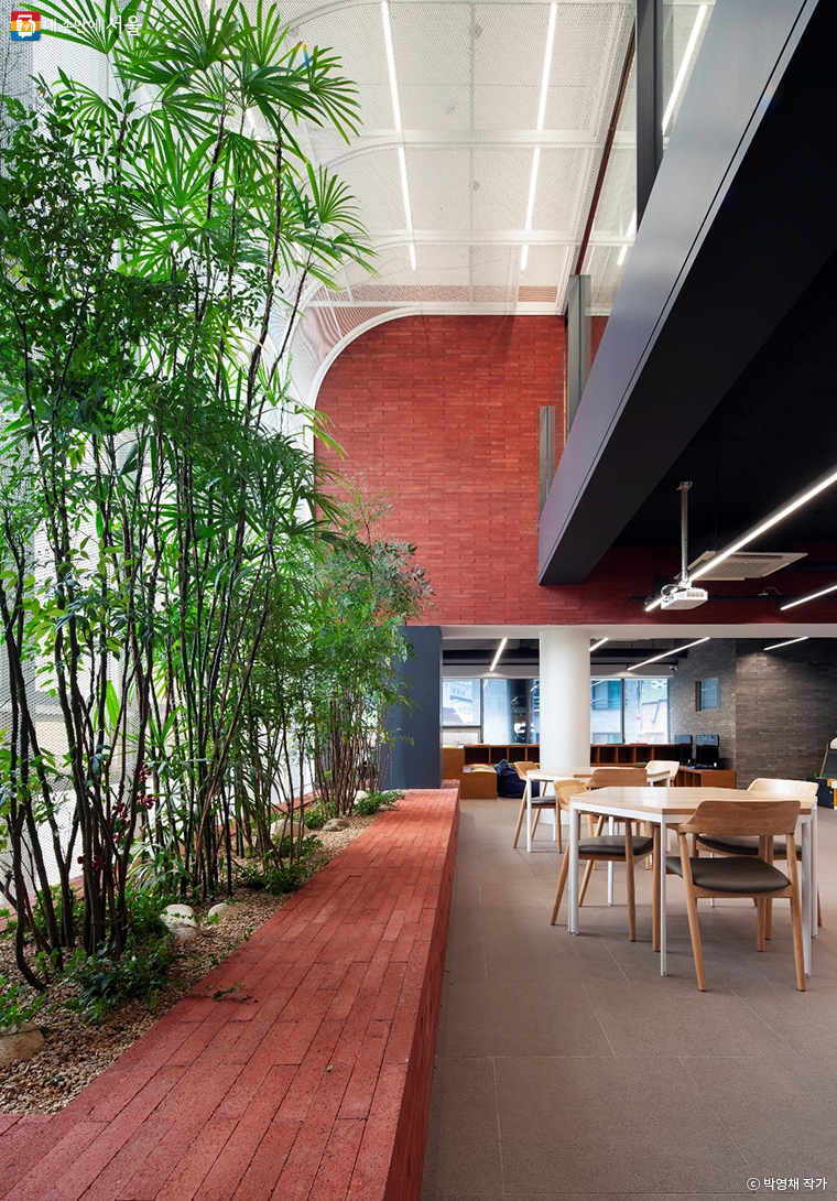공릉청소년문화정보센터의 3층 유스카페. 복층을 이용하여 따뜻하고 풍부한 공간을 설계할 수 있었다.