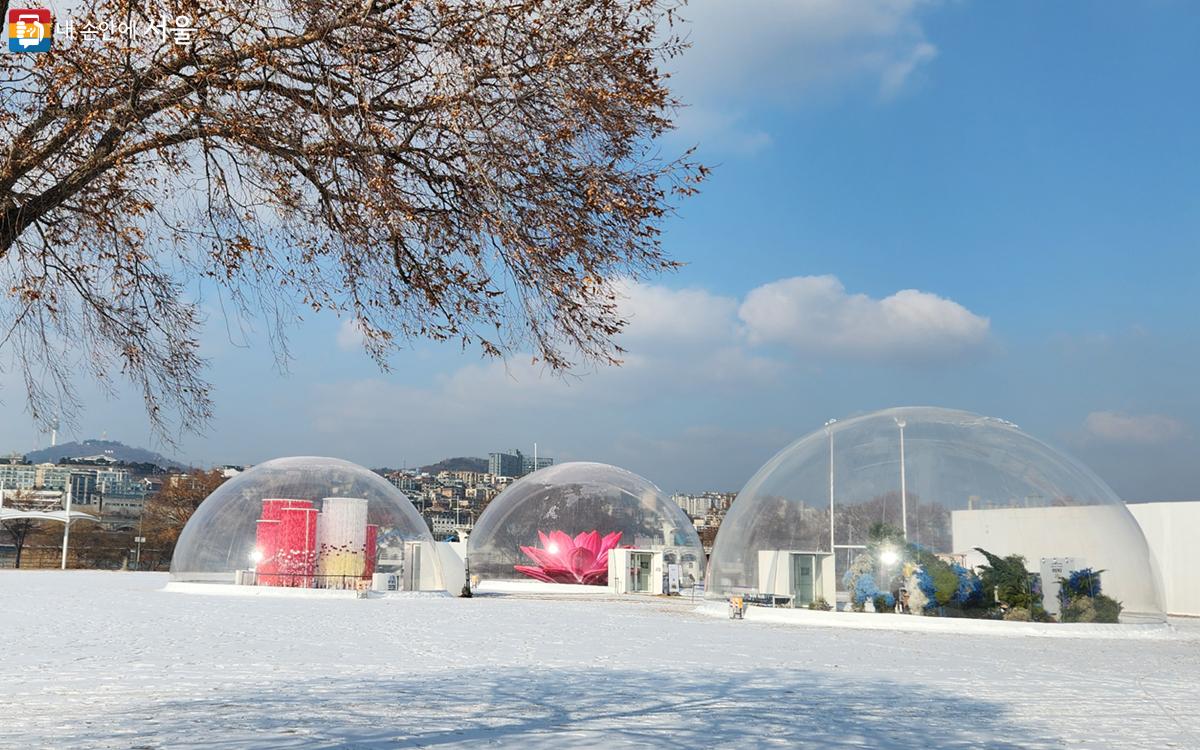 흰 눈이 쌓인 잠원한강공원에 설치된 에어돔은 새로운 겨울 풍경을 보여준다. ⓒ김미선