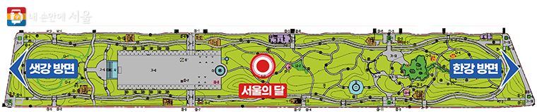 서울의 달 위치도(여의도공원 잔디마당)로 좌측으로는 샛강방면 우측으로는 한강방면