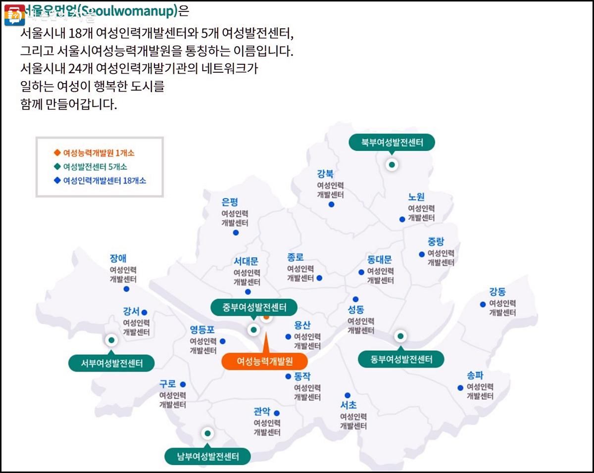 서울우먼업 누리집에 안내되어 있는 각 지역 센터들 ⓒ서울우먼업