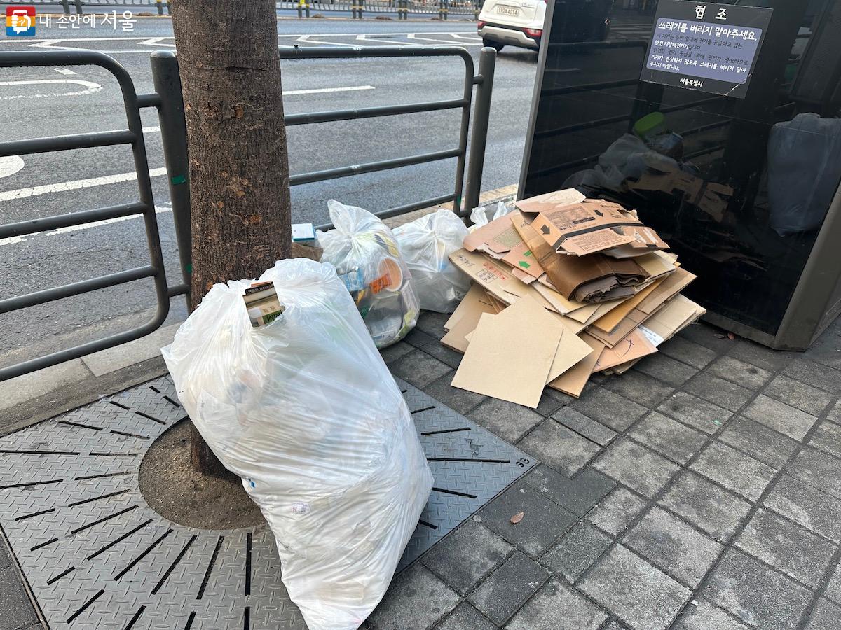 인도에 쓰레기가 쌓이면 미관이 좋지 않을 뿐더러 통행에도 방해가 된다. ©김재형 