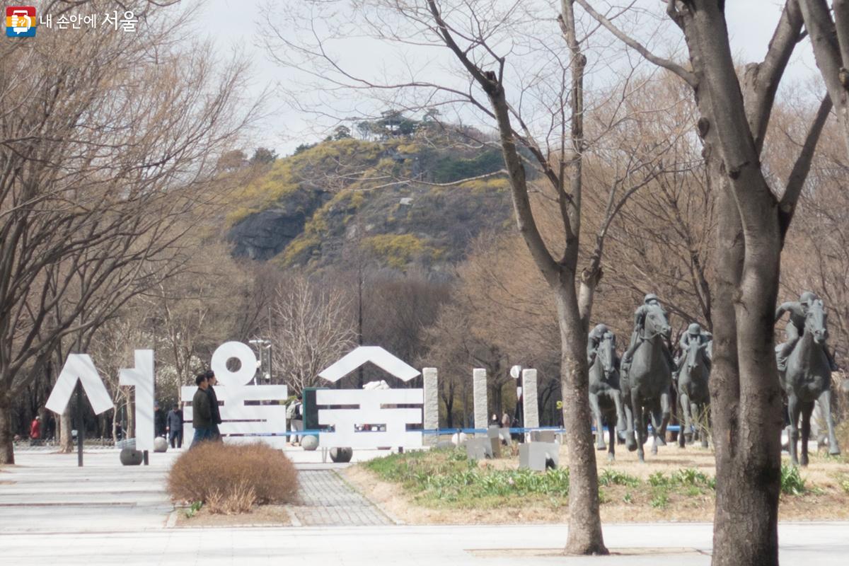 서울숲 광장에서 서울숲역을 등지면 응봉산 개나리가 활짝 핀 배경의 팔각정이 보인다. Ⓒ김인수