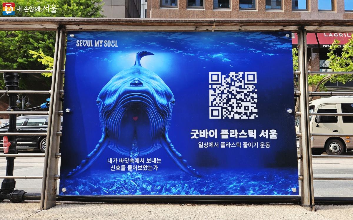 안내판의 QR코드를 스마트폰으로 촬영하면 모바일 웹을 통해 슬픈 고래를 만나볼 수 있다. ©송지혜