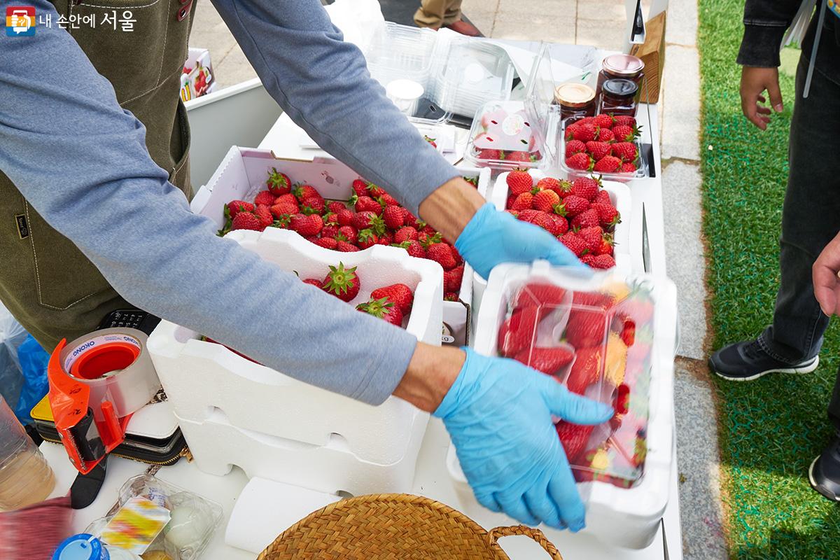 지역 생산자가 정성스레 재배한 먹음직스러운 딸기는 시민들에게 큰 인기를 끌었다. ⓒ이정규
