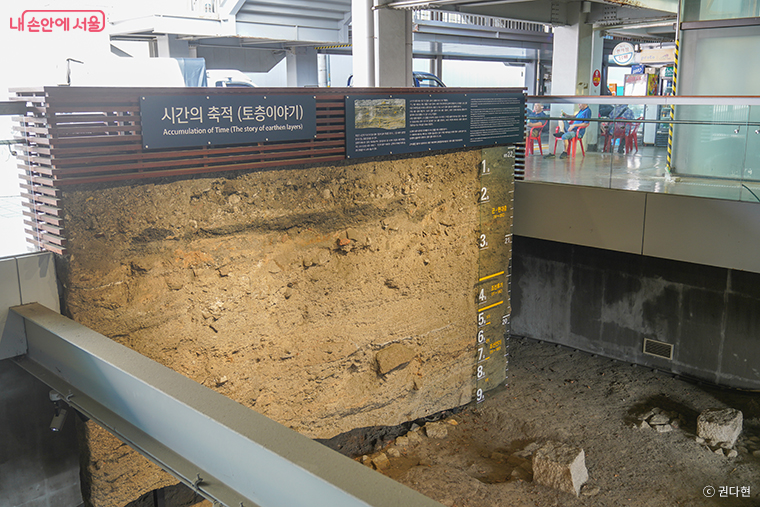 ‘시간의 축적’이라고 이름 붙은 토층이 전시되어 있는 ‘중부관아터전시실’