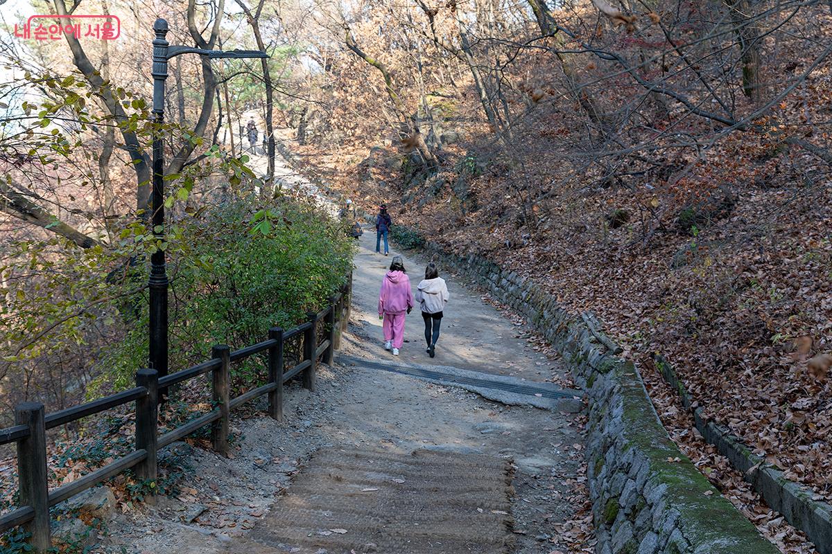 숲길을 걷는데 나무데크길과 매트 길이 끝나고 흙길이 나왔다. ©문청야