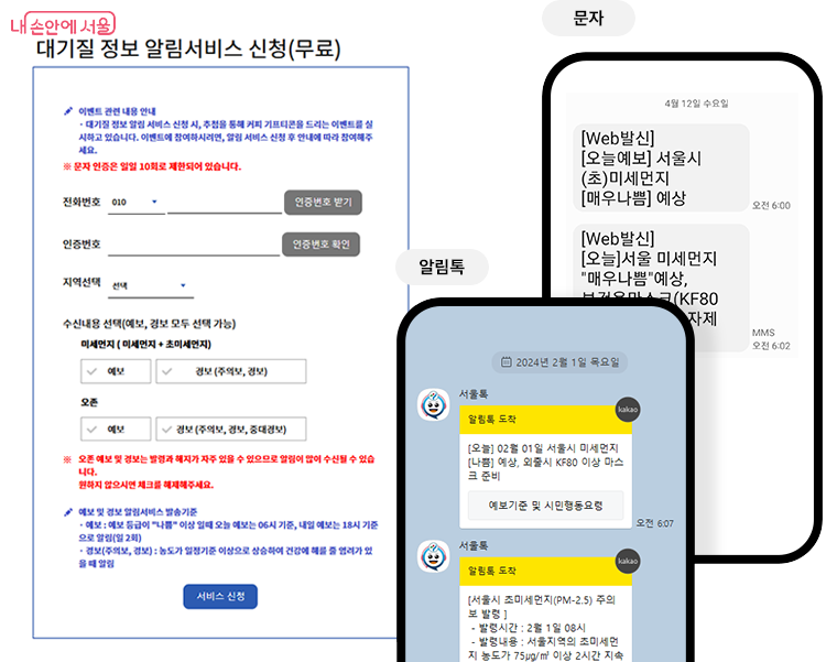 대기질 정보(예·경보) 알림서비스 신청 및 수신 사례(문자·알림톡)
