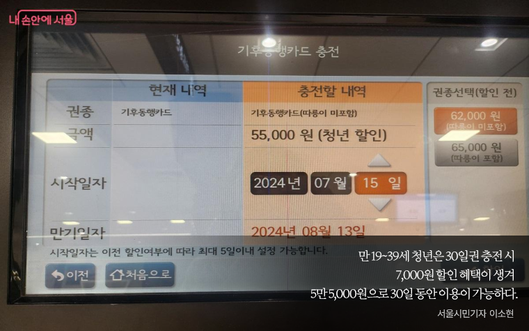 만 19~39세 청년은 30일권 충전 시 
7,000원 할인 혜택이 생겨 
5만 5,000원으로 30일 동안 이용이 가능하다.
by 시민기자 이소현