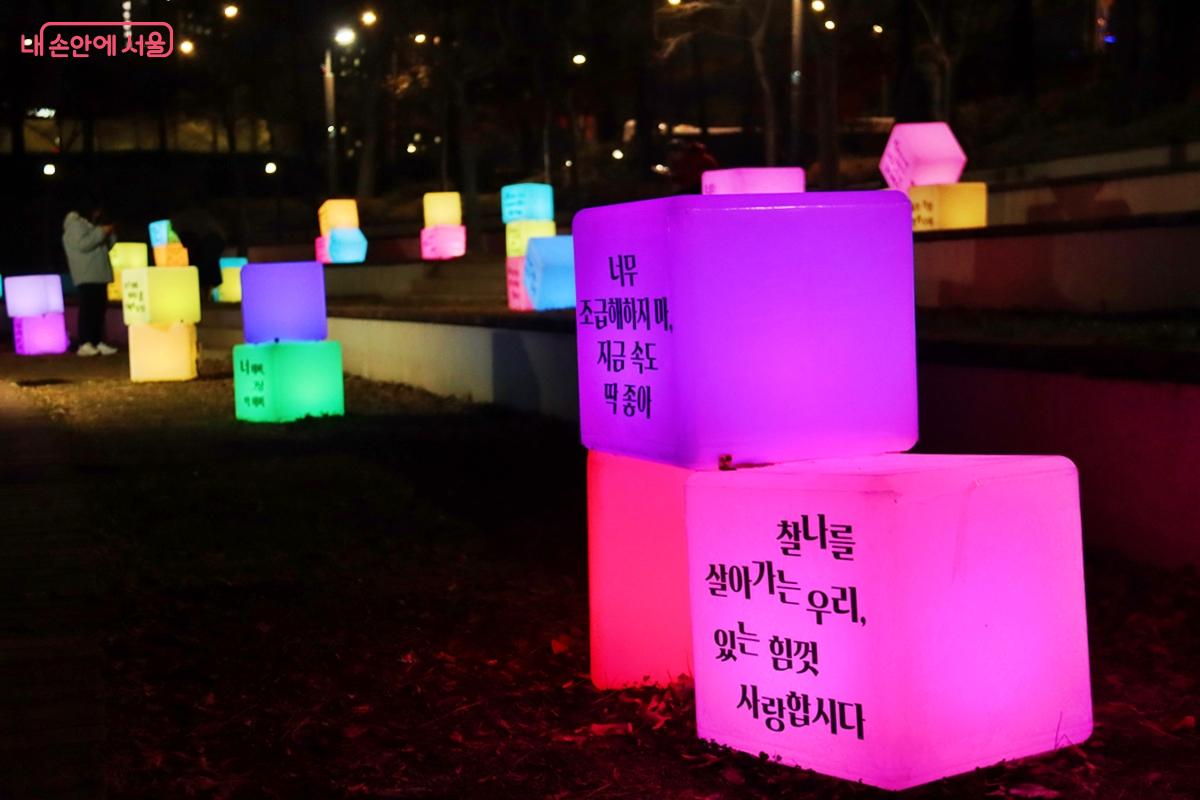 '내가 꾸미는 호수' 공모전 당선작 작품들이 LED 큐브 조명에 담겨 동호 별빛 쉼터에 전시되어 있다. ⓒ정향선