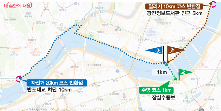 쉬엄쉬엄 상급자(31K) 코스 (수영 1km, 자전거 20km, 달리기 10km)