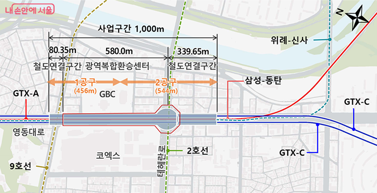 사업 위치도 및 전체노선. 건축·시스템 건설공사는 1, 2공구로 분할 