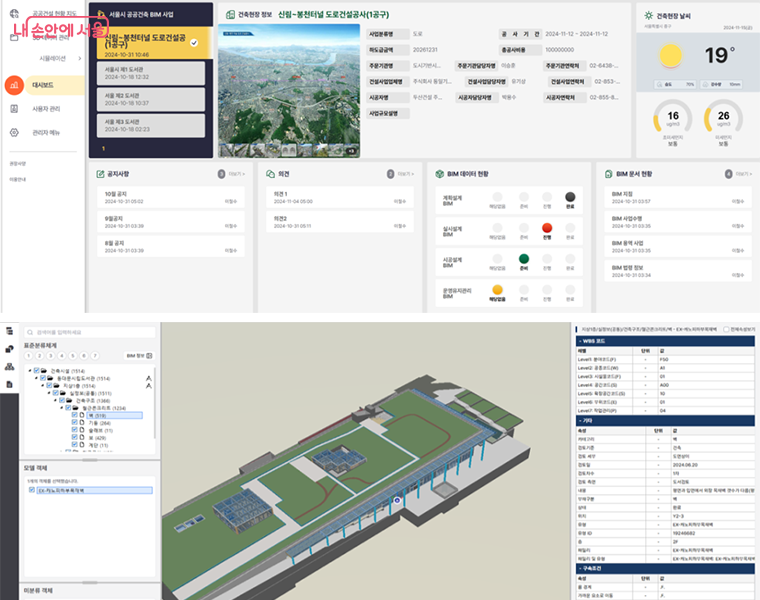 디지털트윈 기반 BIM 활용 플랫폼 예시 화면. (건축현장 대시보드, 3차원 건축 BIM모델 웹 서비스)