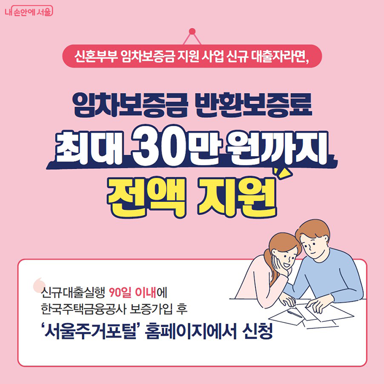 신혼부부 임차보증금 지원 사업 신규 대출자라면,
임차보증금 반환보증료 최대 30만 원가지 전액 지원
신규대출실행 90일 이내에 한국주택금융공사 보증가입 후
‘서울주거포털’ 홈페이지에서 신청