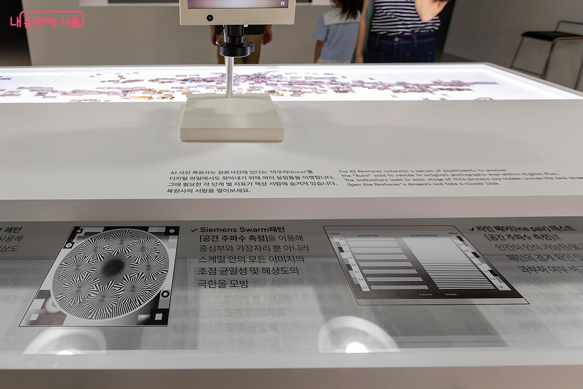 책상과 서랍, 벽면 패널을 통해 실제 AI 사진 복원사가 이미지를 인식하고, 복원하는 과정에서 사용하는 패턴과 코드를 <아우라 복원 지표>로 정리했다. ©문청야 