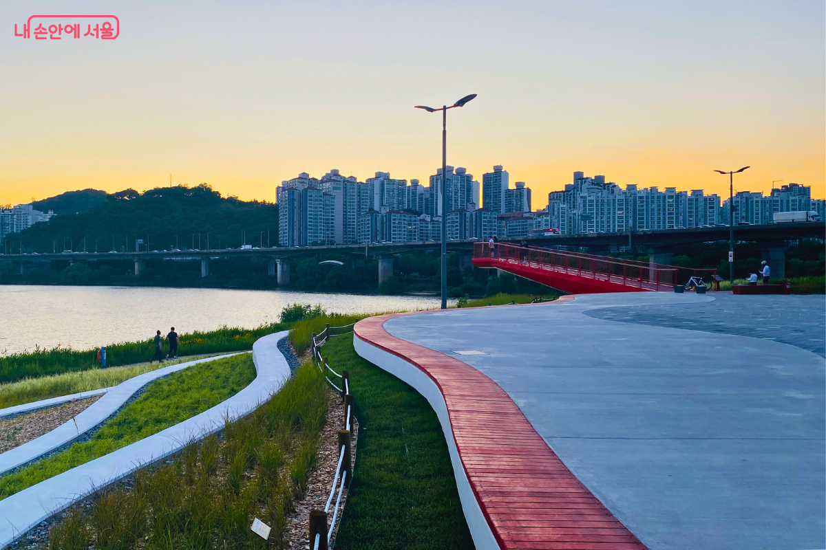 자연 지형을 따라 조성된 놀빛광장의 곡선형 벤치와 데크 ©양정화