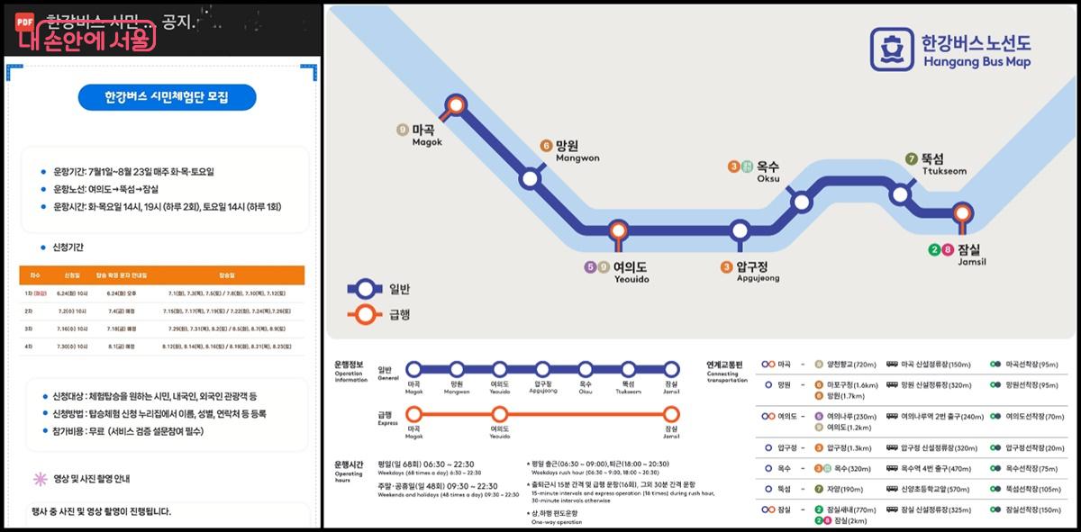 한강버스 시민체험단 모집 일정 및 운항 노선도 ©한강버스 누리집